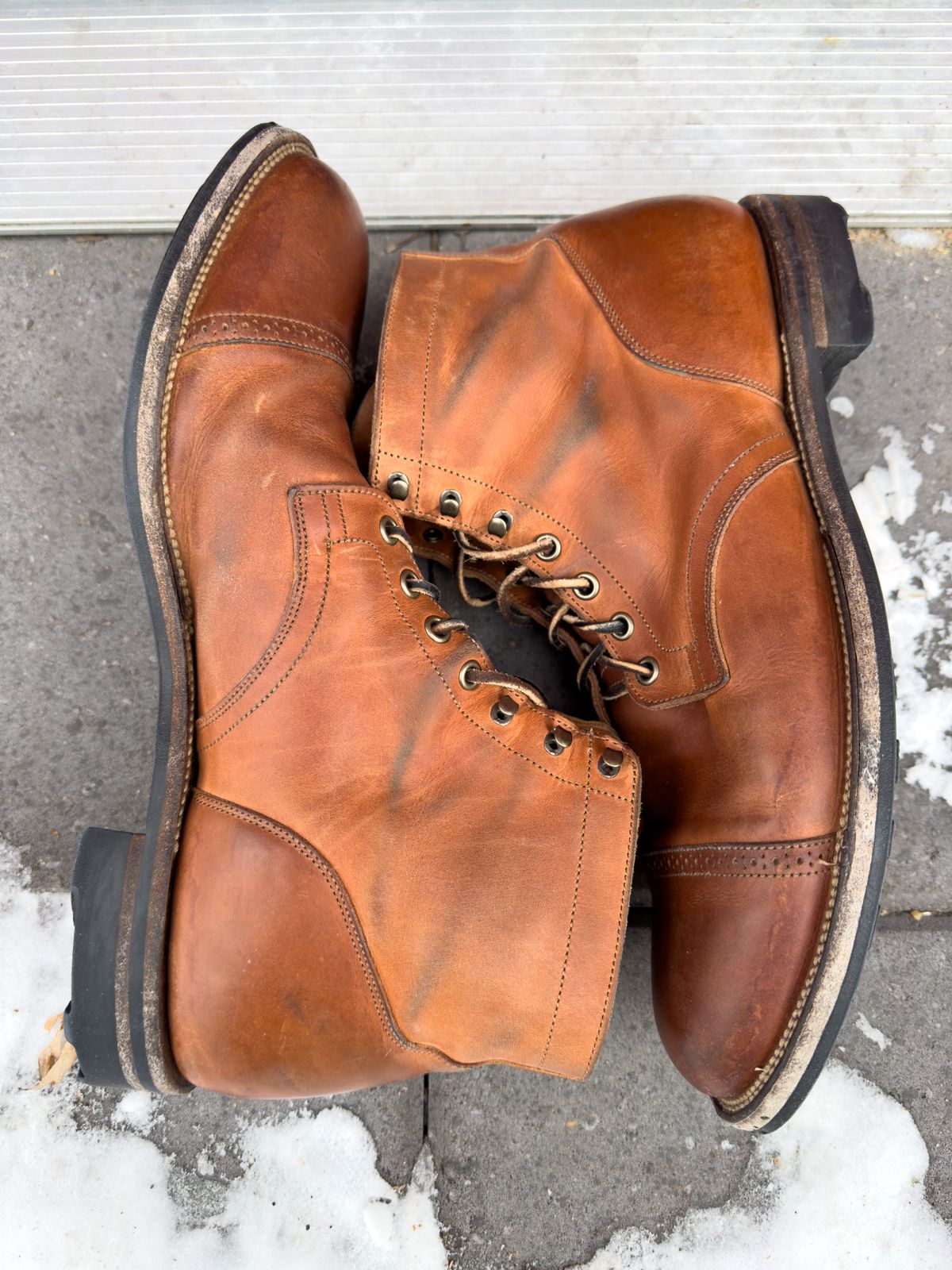 Photo by scratch.awl on February 4, 2023 of the Viberg Service Boot BCT in Maryam Used Cuoio Vitello Calf.