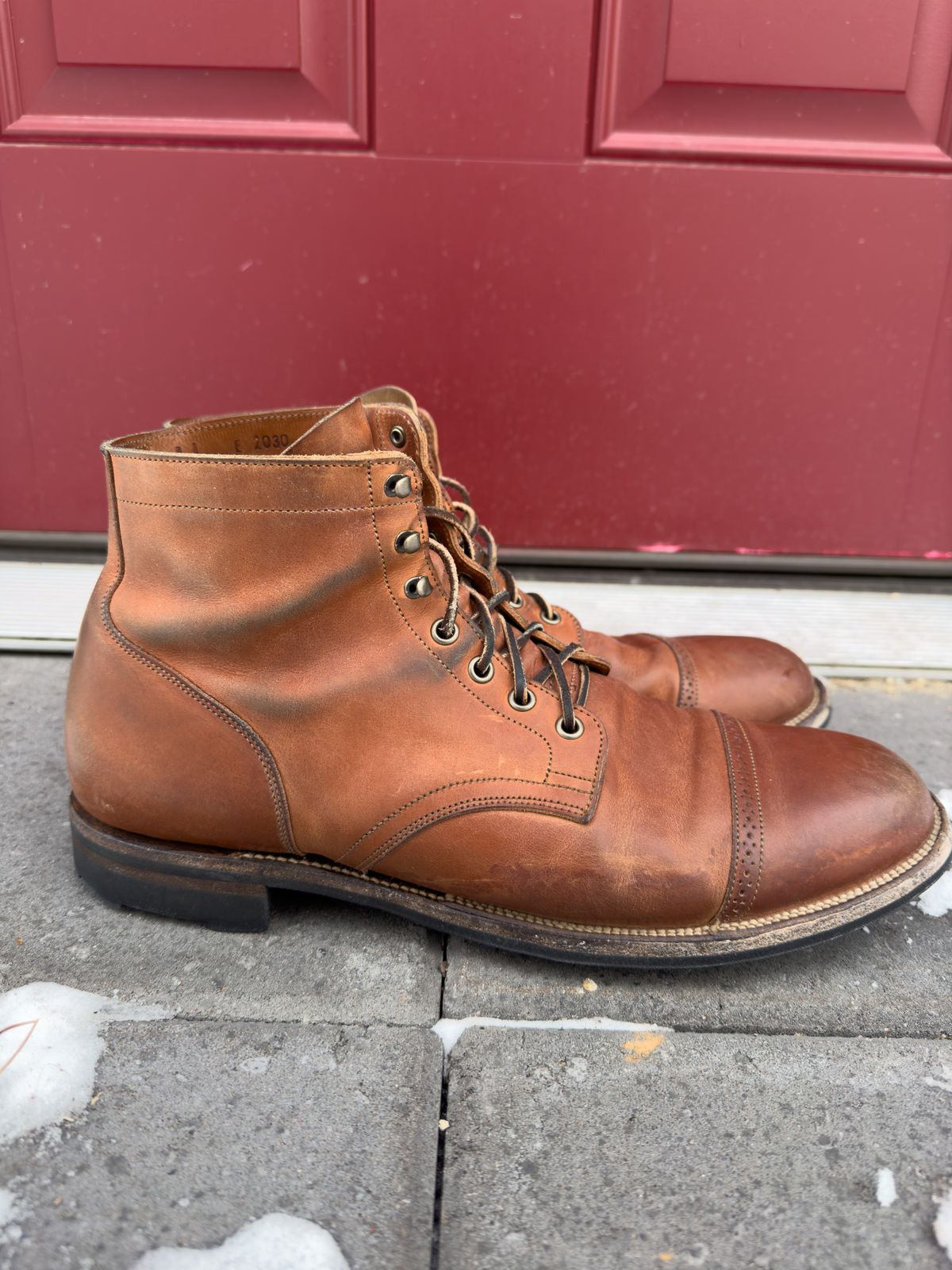Photo by scratch.awl on February 4, 2023 of the Viberg Service Boot BCT in Maryam Used Cuoio Vitello Calf.