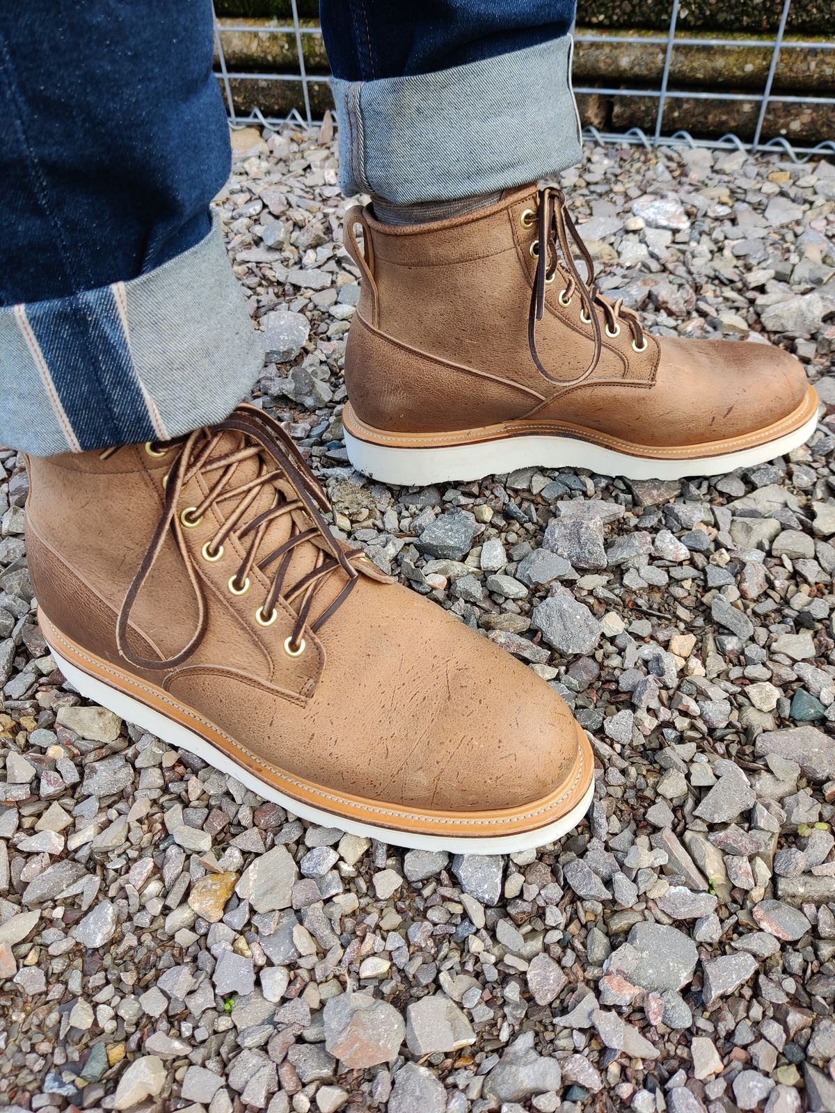 Photo by robin_lea on November 1, 2023 of the Viberg Scout Boot in C.F. Stead Camel Hair Waxed Kudu.