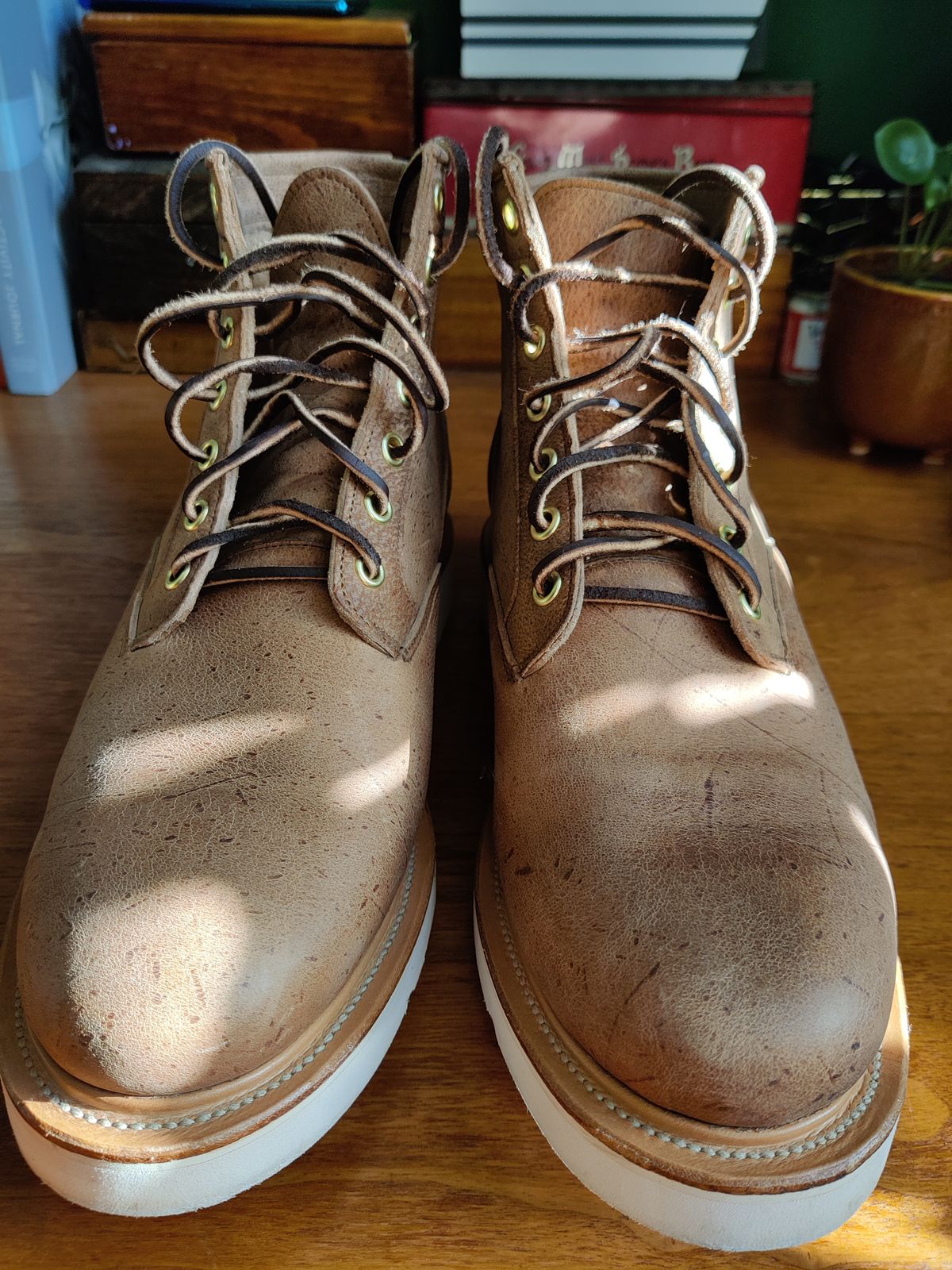 Photo by robin_lea on November 1, 2023 of the Viberg Scout Boot in C.F. Stead Camel Hair Waxed Kudu.