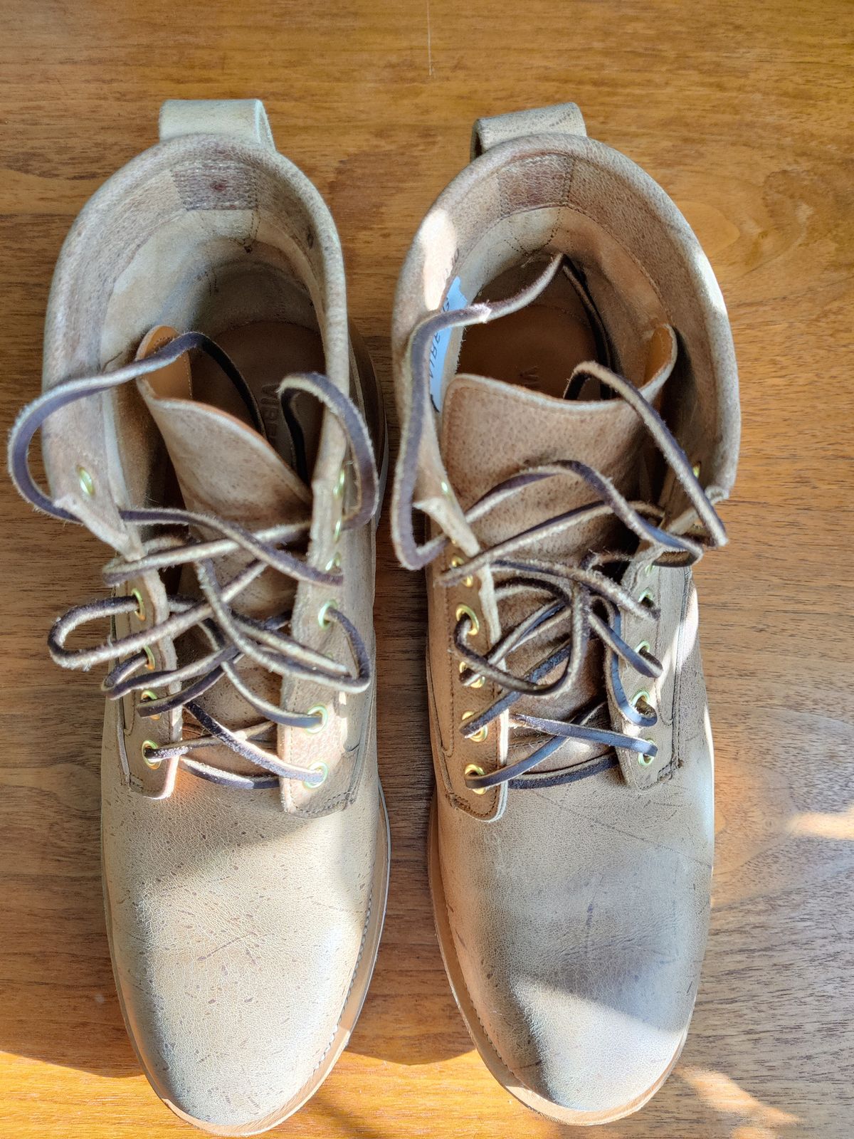 Photo by robin_lea on November 1, 2023 of the Viberg Scout Boot in C.F. Stead Camel Hair Waxed Kudu.