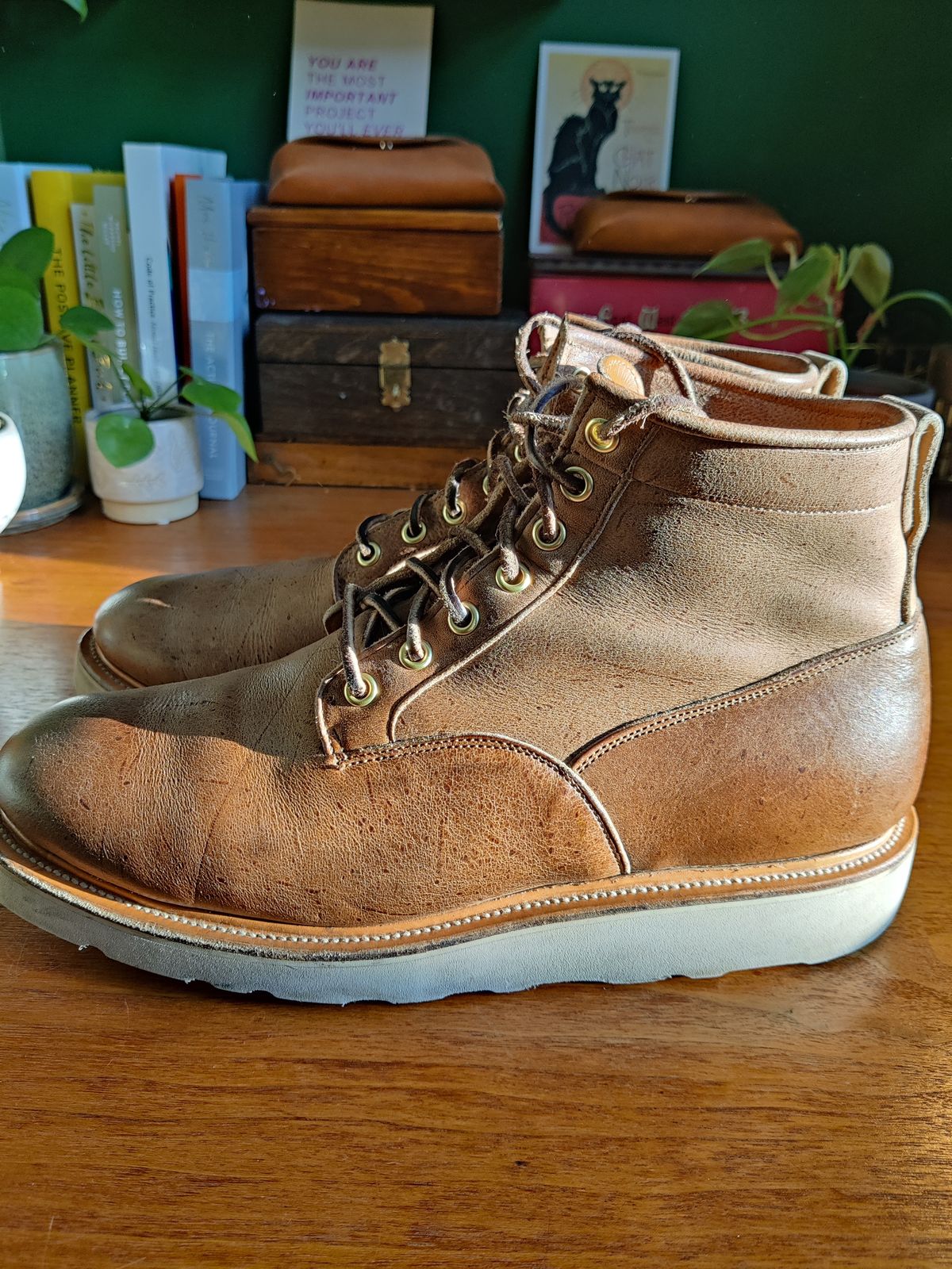 Photo by robin_lea on December 2, 2023 of the Viberg Scout Boot in C.F. Stead Camel Hair Waxed Kudu.