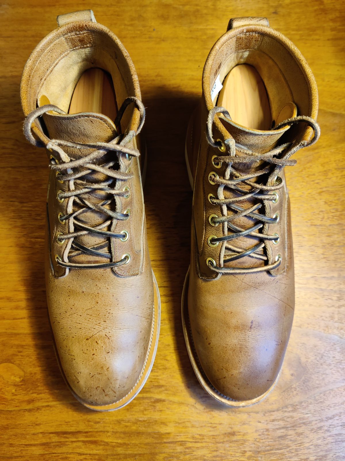 Photo by robin_lea on January 2, 2024 of the Viberg Scout Boot in C.F. Stead Camel Hair Waxed Kudu.