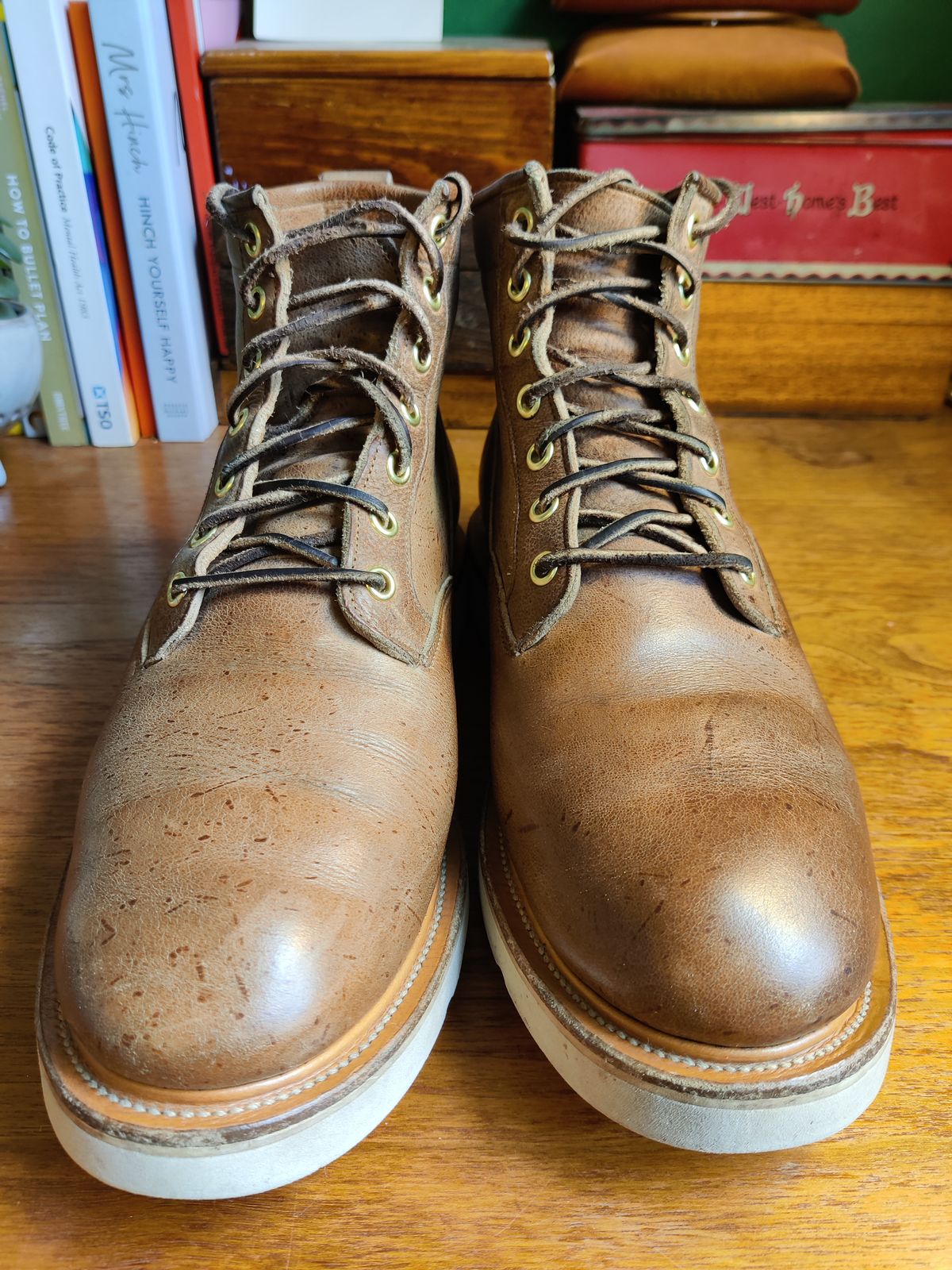 Photo by robin_lea on February 2, 2024 of the Viberg Scout Boot in C.F. Stead Camel Hair Waxed Kudu.