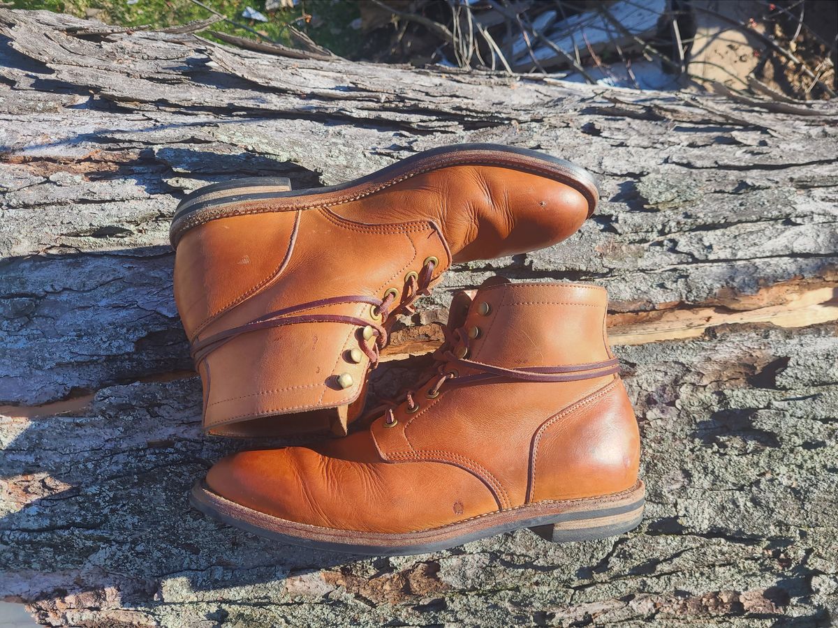 Photo by False.Idle.Warship on April 4, 2024 of the Grant Stone Diesel Boot in Horween Tan Essex.