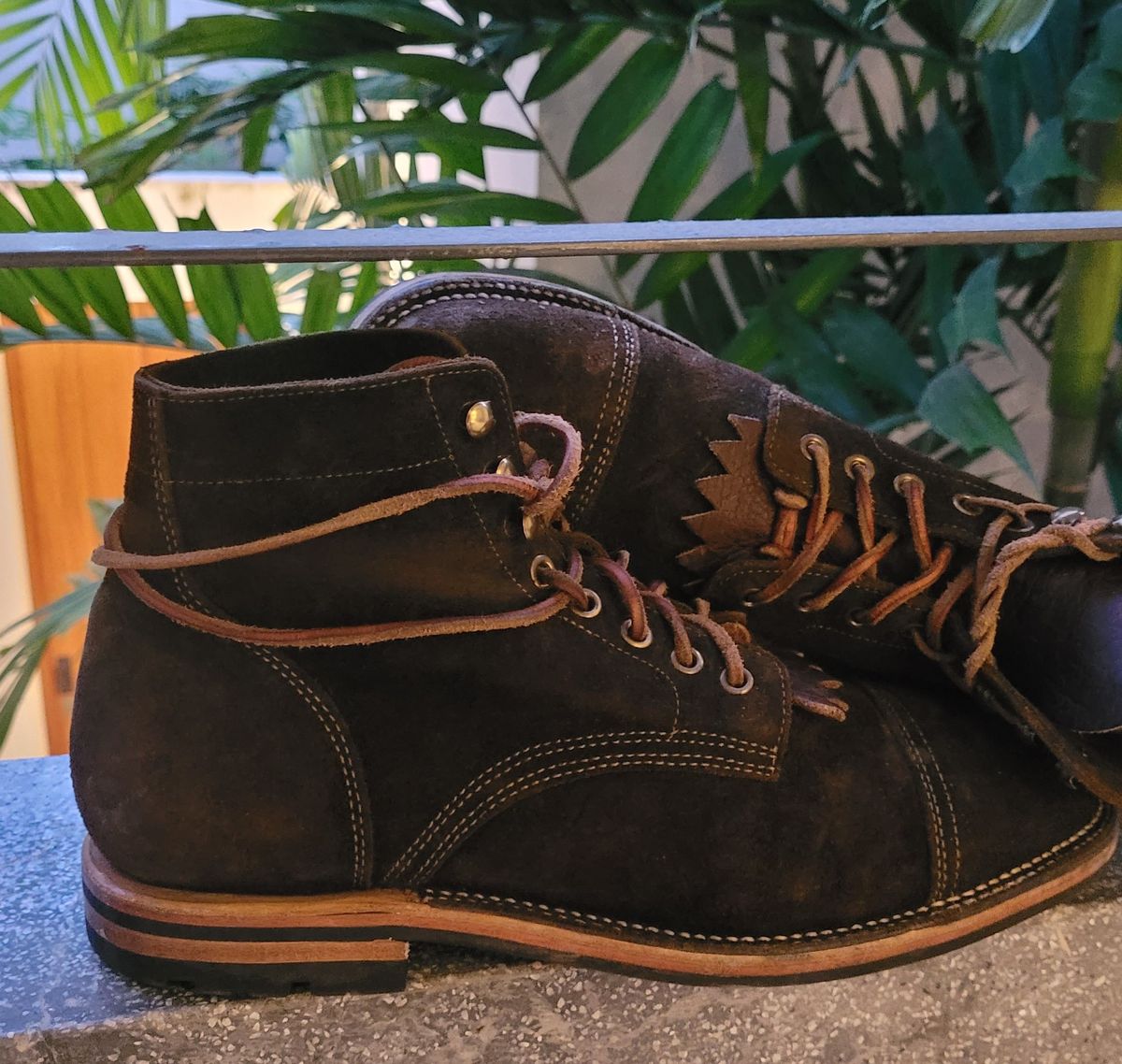 Photo by False.Idle.Warship on December 5, 2025 of the Parkhurst The Richmond in Dark Olive Waxed Roughout.