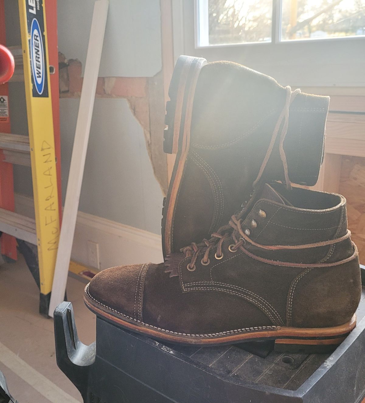 Photo by False.Idle.Warship on December 29, 2025 of the Parkhurst The Richmond in Dark Olive Waxed Roughout.