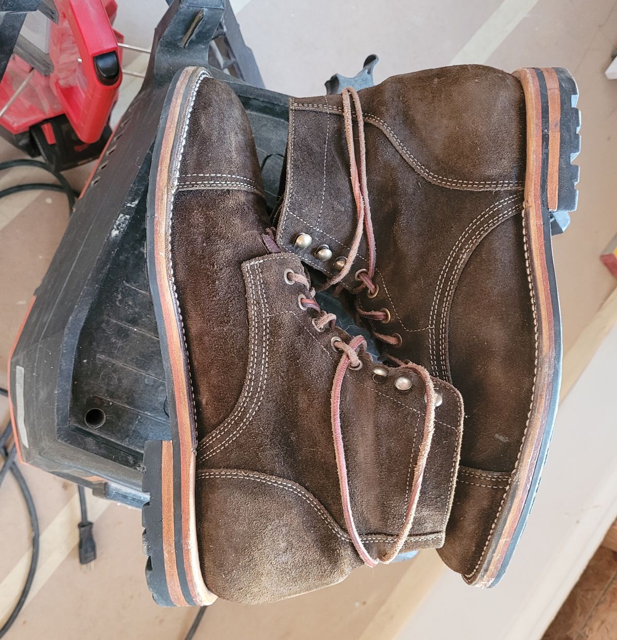 Photo by False.Idle.Warship on December 29, 2025 of the Parkhurst The Richmond in Dark Olive Waxed Roughout.