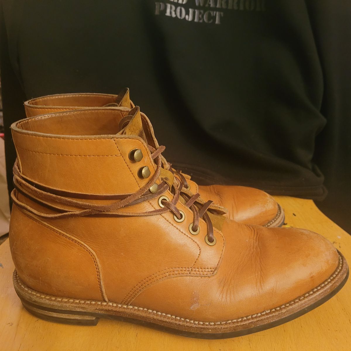 Photo by False.Idle.Warship on February 6, 2024 of the Grant Stone Diesel Boot in Horween Tan Essex.