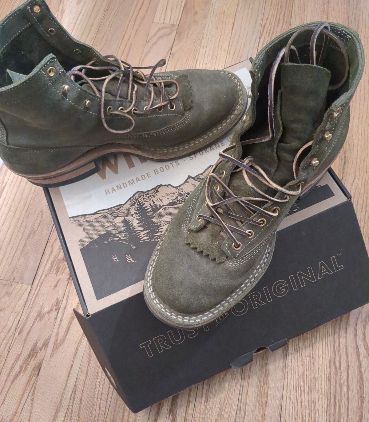 Photo by nared1267 on March 21, 2023 of the White's 350 Cutter in C.F. Stead Leaf Green Waxy Commander Suede.