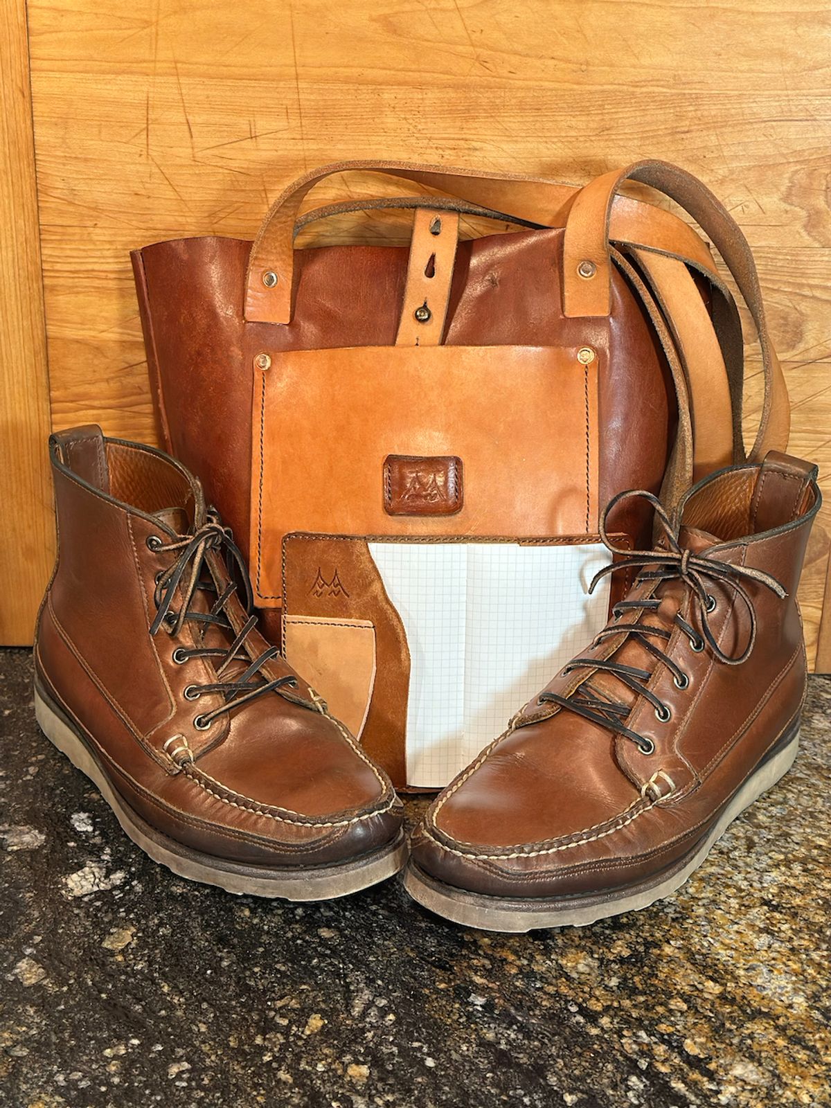 Photo by cows_electronico on April 3, 2026 of the Swampoodle Homemade Goods Tote Bag and Field Notes Cover Combo in Supernatural Natural Veg Tan & Badalassi Carlo Cognac Pueblo.