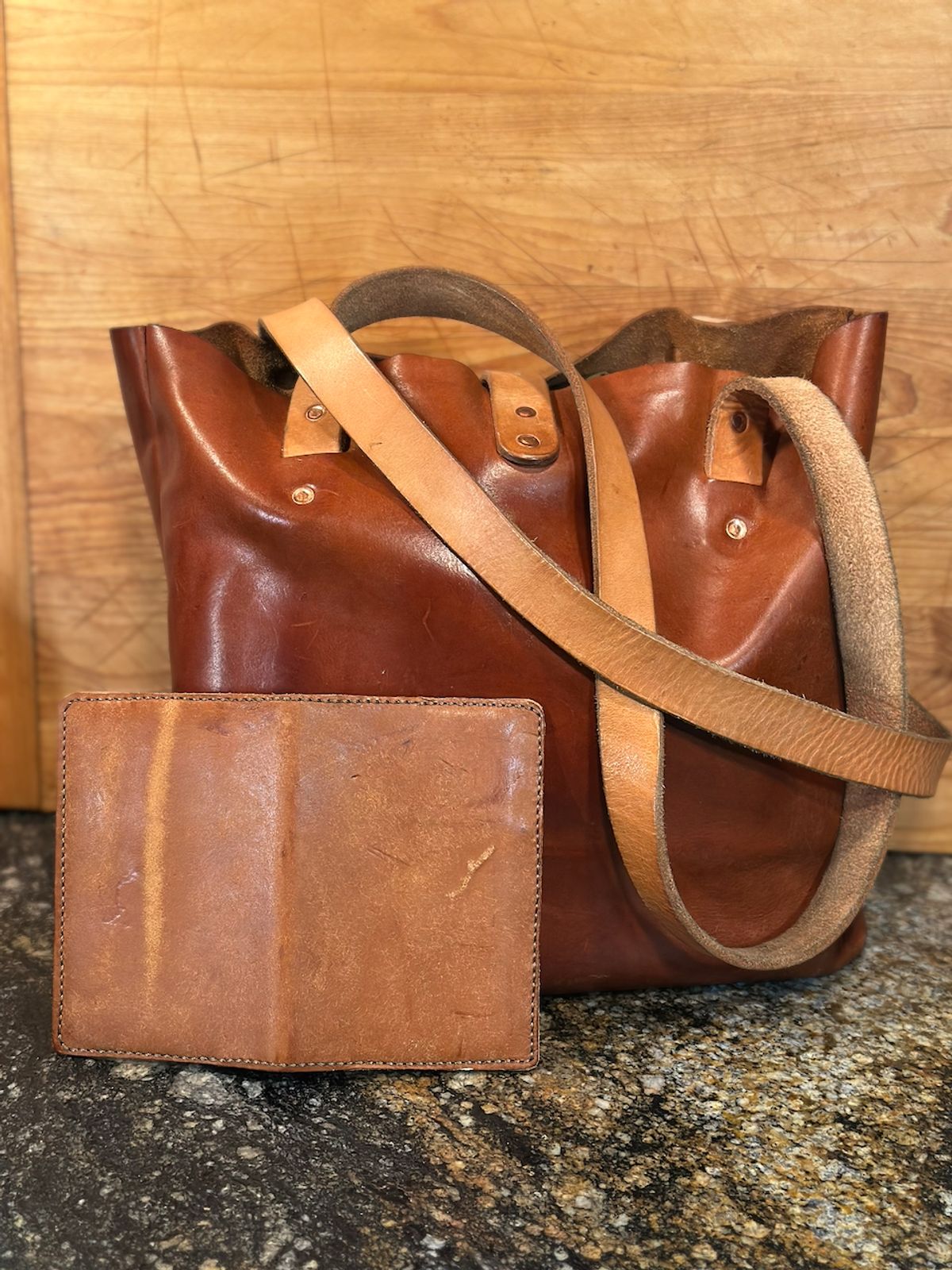 Photo by cows_electronico on April 3, 2026 of the Swampoodle Homemade Goods Tote Bag and Field Notes Cover Combo in Supernatural Natural Veg Tan & Badalassi Carlo Cognac Pueblo.