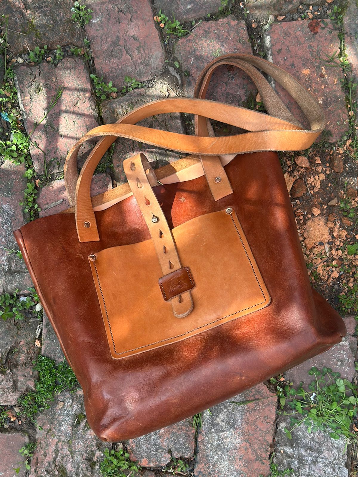 Photo by cows_electronico on April 1, 2026 of the Swampoodle Homemade Goods Tote Bag and Field Notes Cover Combo in Supernatural Natural Veg Tan & Badalassi Carlo Cognac Pueblo.