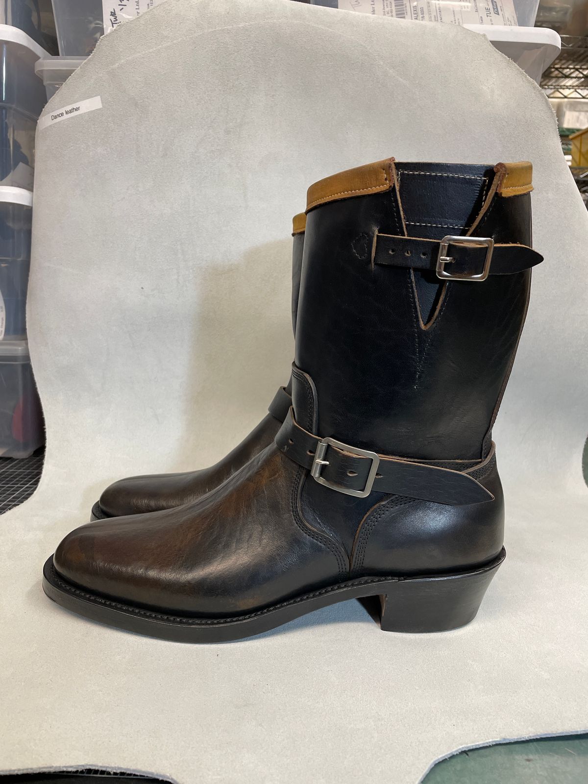 Photo by powerserge on June 17, 2023 of the Role Club Anniversary Engineer Boots in Shinki Hand-Finished Black Horsehide.