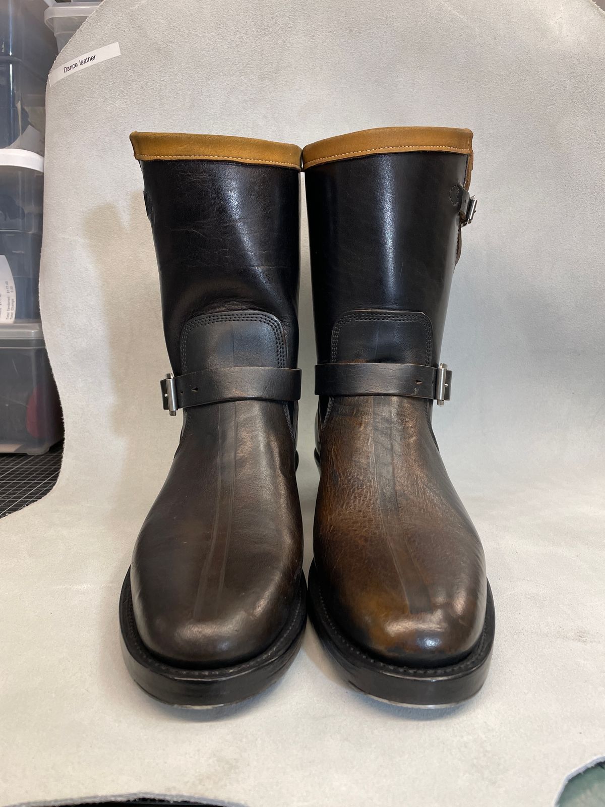 Photo by powerserge on June 17, 2023 of the Role Club Anniversary Engineer Boots in Shinki Hand-Finished Black Horsehide.