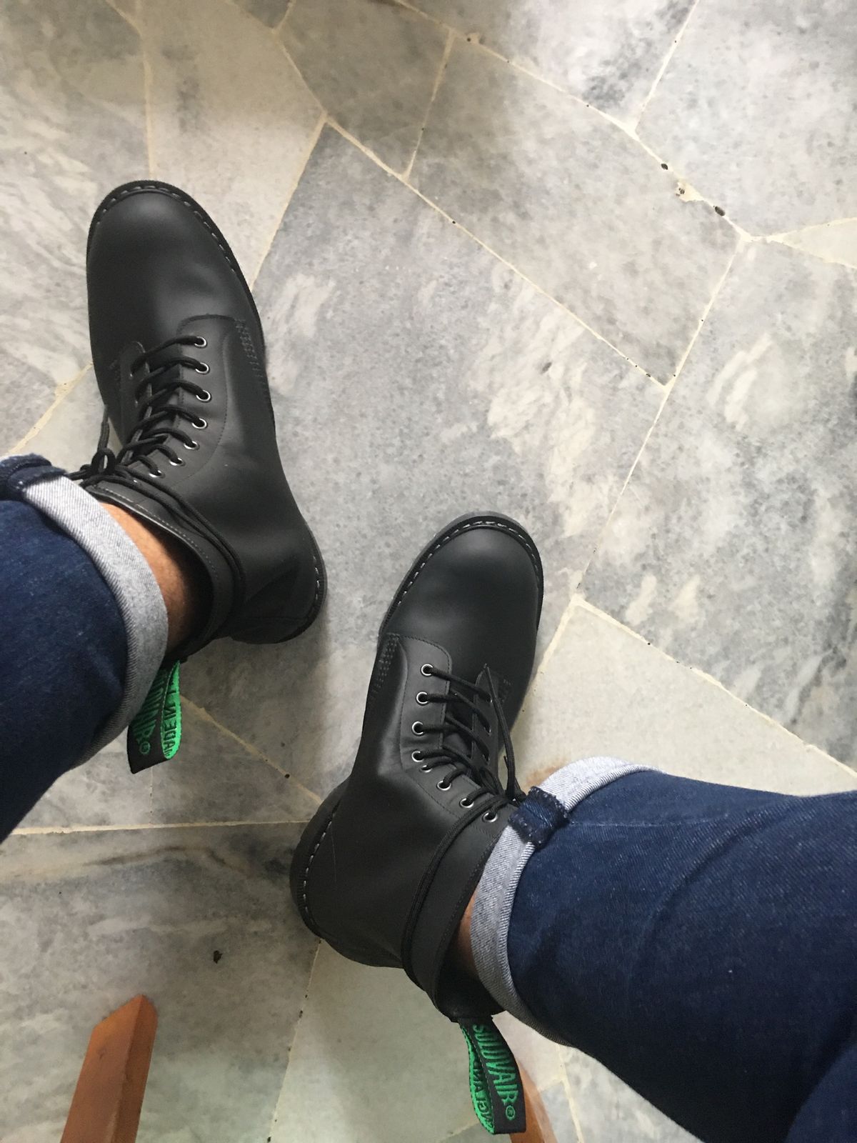 Photo by waxysmooth on November 28, 2019 of the Solovair 8 Eye Derby Boot in Black Greasy.
