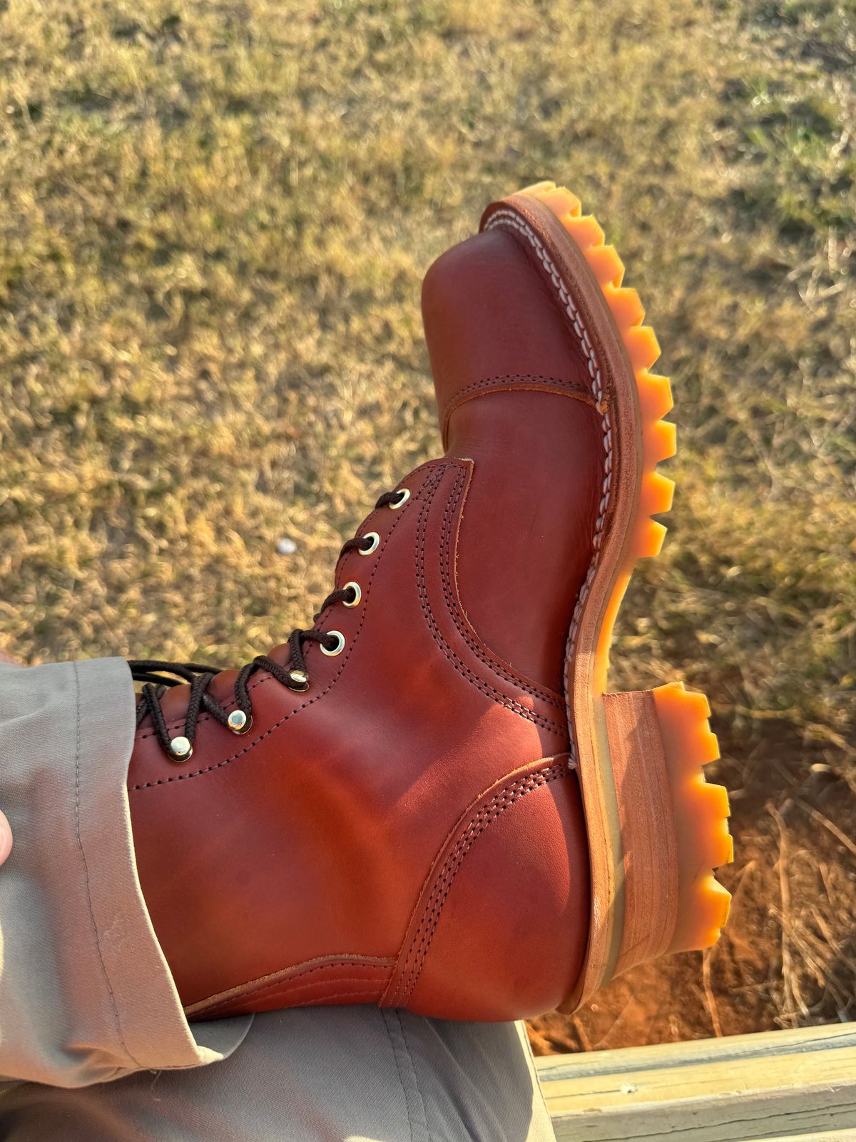 Photo by Shannmoody on October 24, 2025 of the Frank's Boots Type 2 Highlander in Wickett & Craig Chestnut English Bridle.