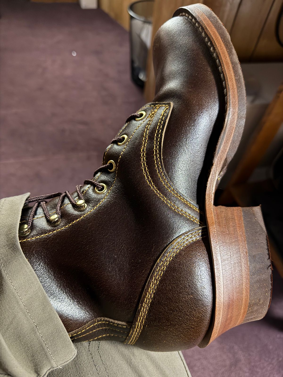 Photo by Shannmoody on February 22, 2026 of the Frank's Boots Type 2 Highlander in Horween Cinnamon Waxed Flesh.