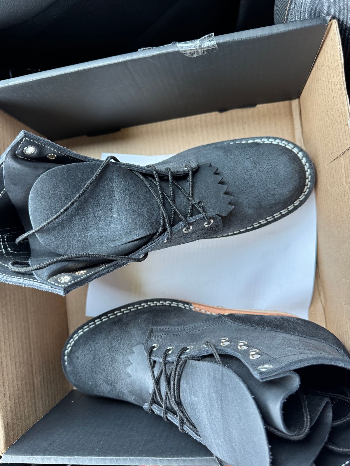 Photo by Shannmoody on May 27, 2025 of the Frank's Boots Rainier in Black Roughout Work Leather.