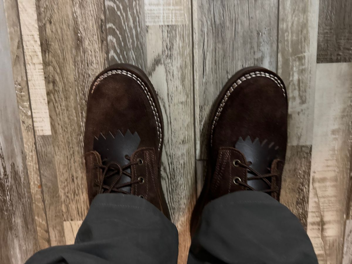 Photo by Shannmoody on May 28, 2025 of the Frank's Boots Rainier in Seidel Mocha Oil Tan Roughout.