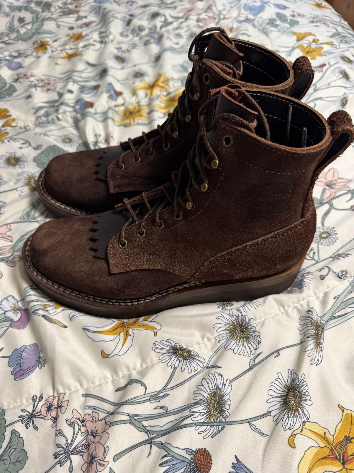 Photo by Shannmoody on May 28, 2025 of the Frank's Boots Rainier in Seidel Mocha Oil Tan Roughout.