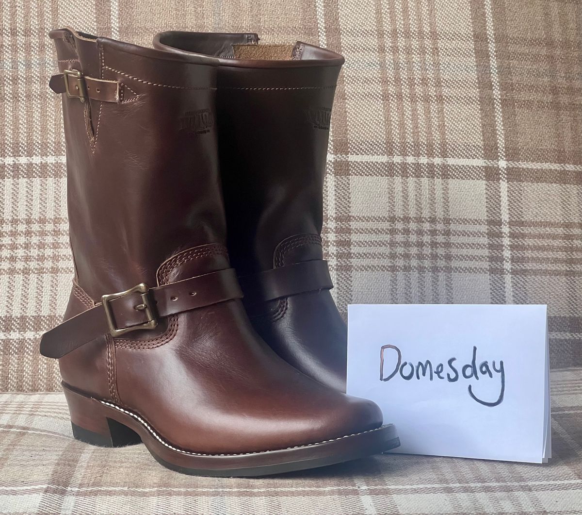 Photo by the_duke on October 1, 2024 of the Willie's Handmade Boots Engineer in Horween Brown Chromexcel.