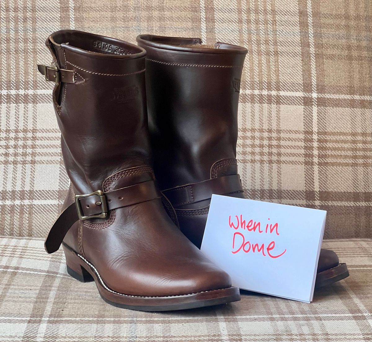 Photo by the_duke on November 2, 2024 of the Willie's Handmade Boots Engineer in Horween Brown Chromexcel.