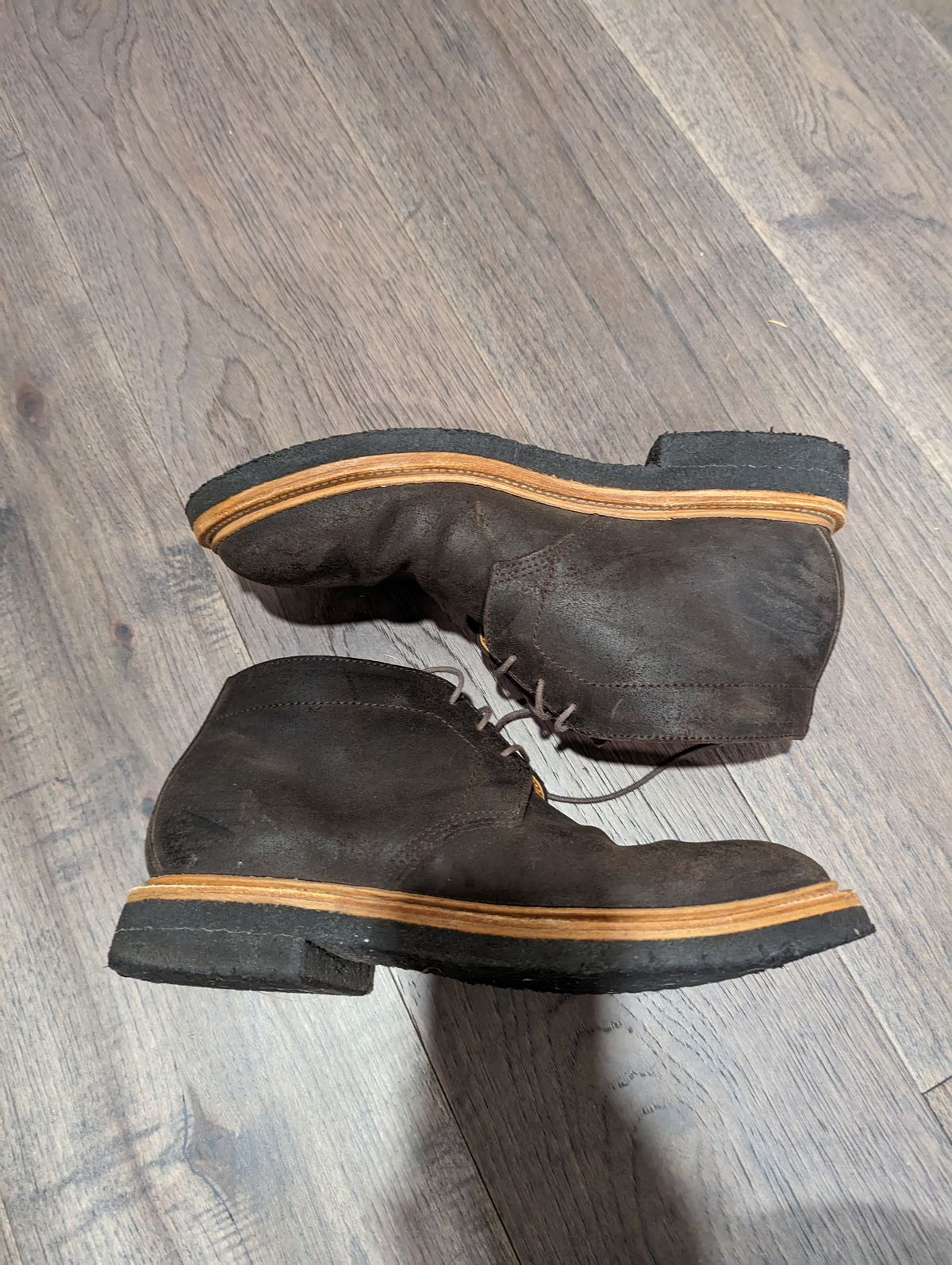 Photo by trickyspaniard on February 5, 2023 of the Grant Stone Chukka in C.F. Stead Earth Waxy Commander Suede.