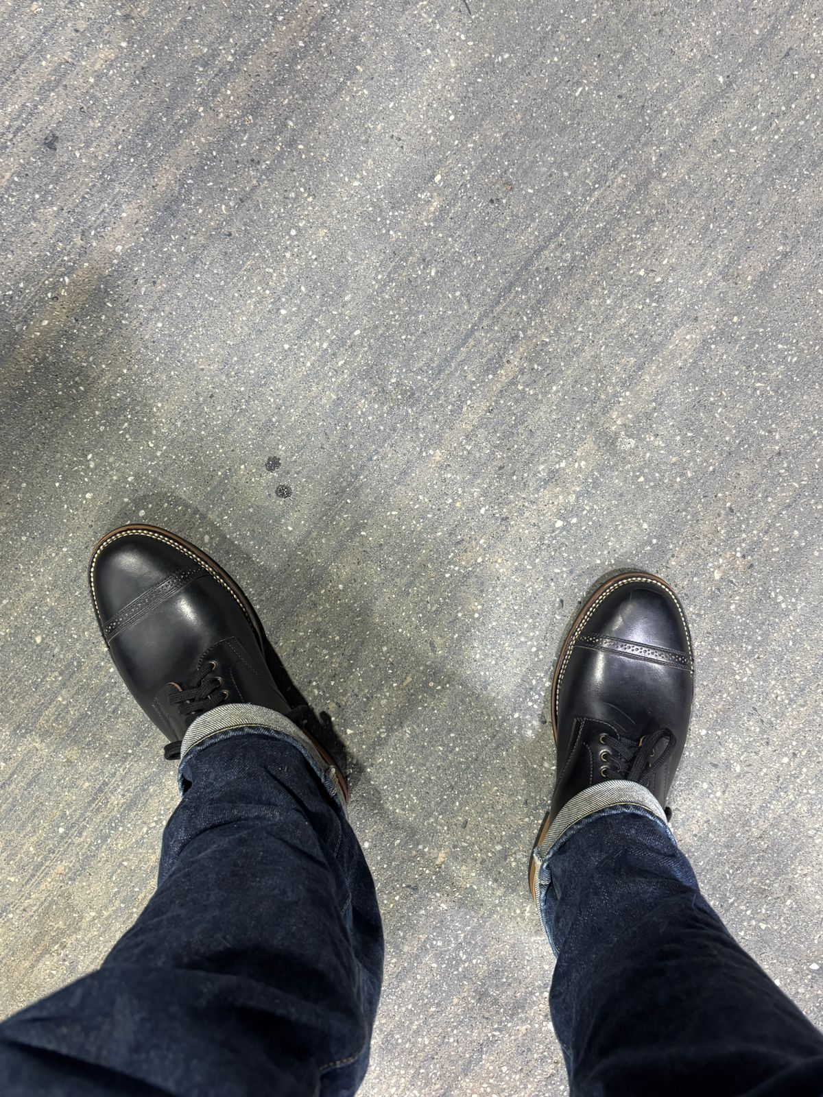 Photo by brogued on January 17, 2026 of the Flame Panda Brogue Cap Toe Service Boot in Horween Black Chromexcel Horsebutt.