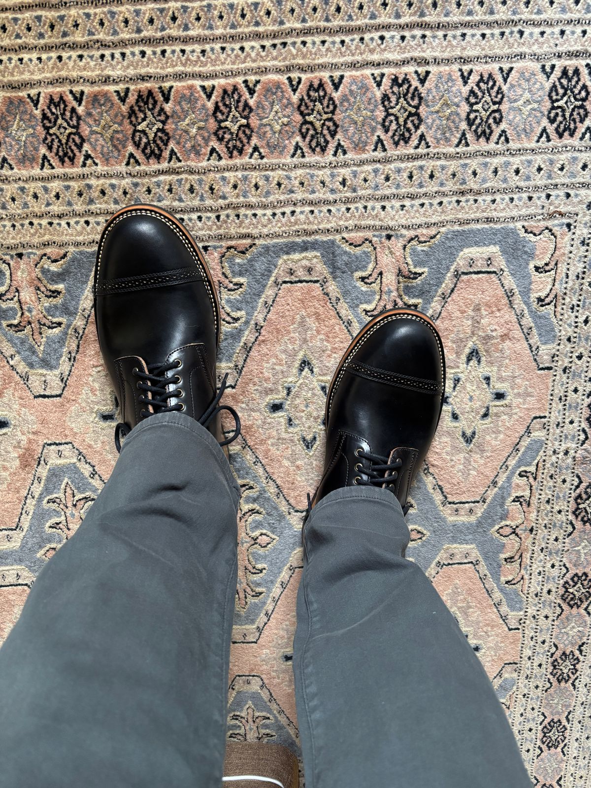 Photo by brogued on January 23, 2026 of the Flame Panda Brogue Cap Toe Service Boot in Horween Black Chromexcel Horsebutt.