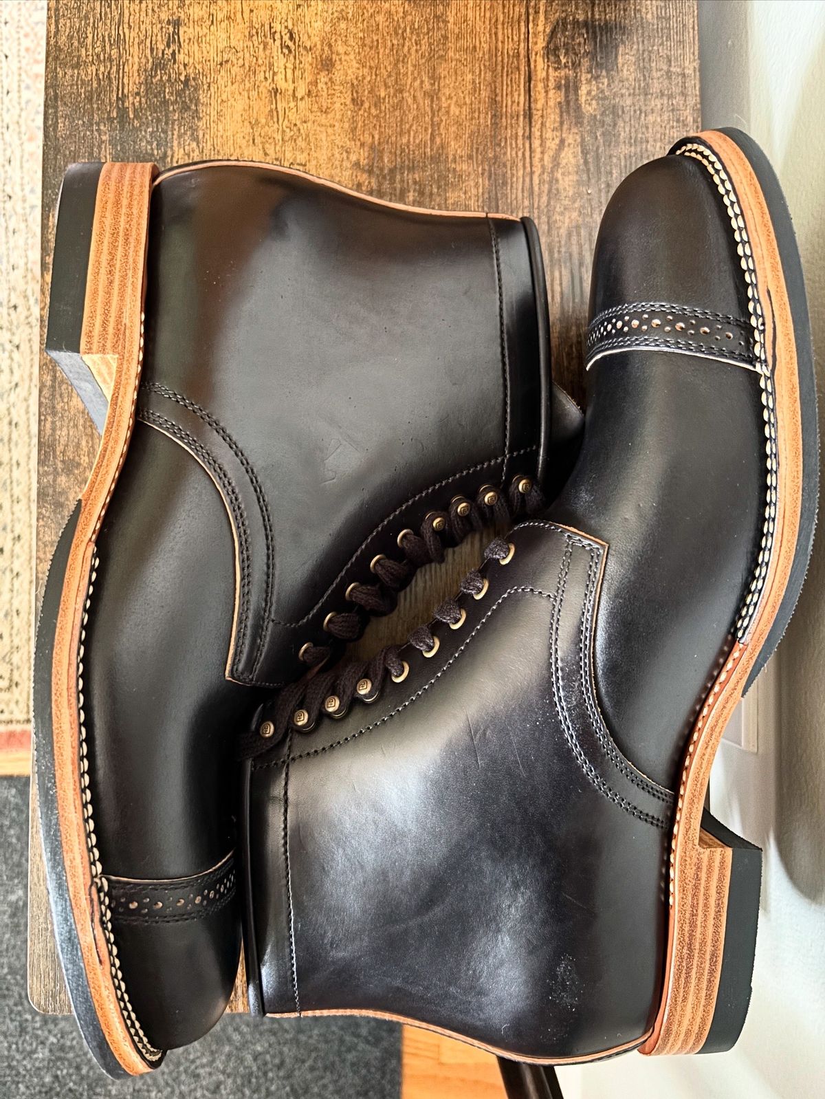 Photo by brogued on August 20, 2025 of the Flame Panda Brogue Cap Toe Service Boot in Horween Black Chromexcel Horsebutt.