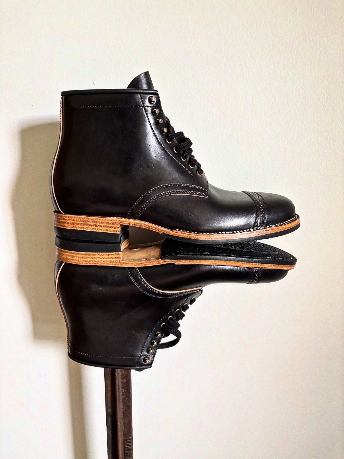 Photo by brogued on August 20, 2025 of the Flame Panda Brogue Cap Toe Service Boot in Horween Black Chromexcel Horsebutt.