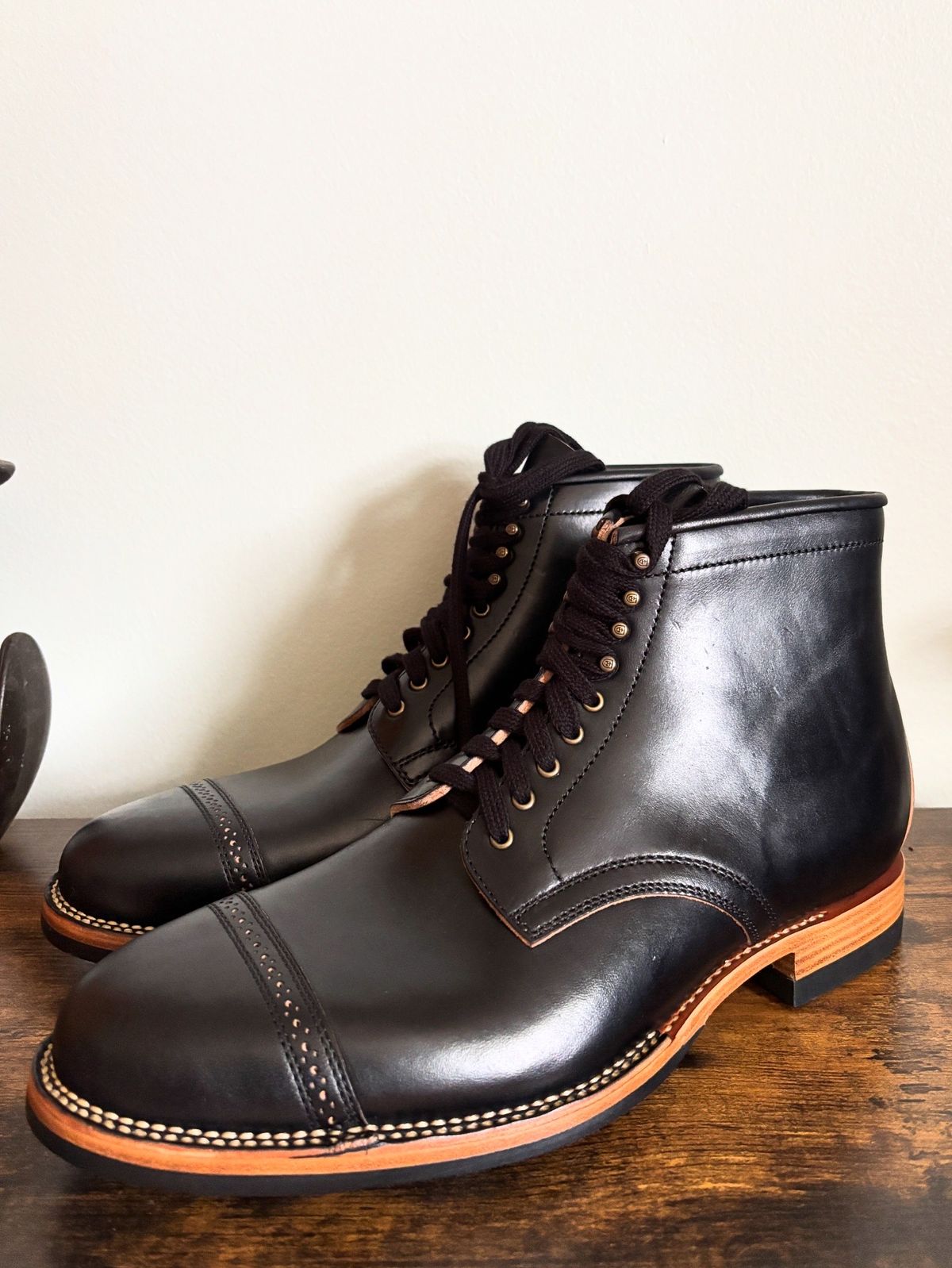 Photo by brogued on August 20, 2025 of the Flame Panda Brogue Cap Toe Service Boot in Horween Black Chromexcel Horsebutt.