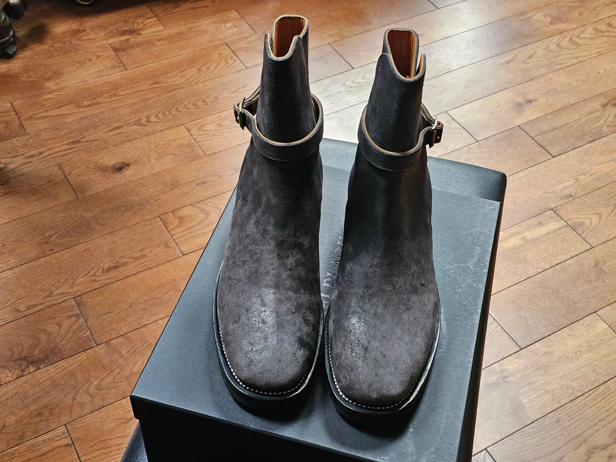 Photo by vintagekeys on December 19, 2025 of the Briselblack The Kai Jodhpur in Maryam Black Waxed Reverse Horsebutt.