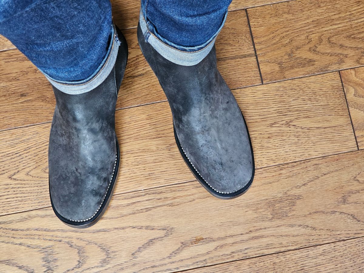 Photo by vintagekeys on December 19, 2025 of the Briselblack The Kai Jodhpur in Maryam Black Waxed Reverse Horsebutt.