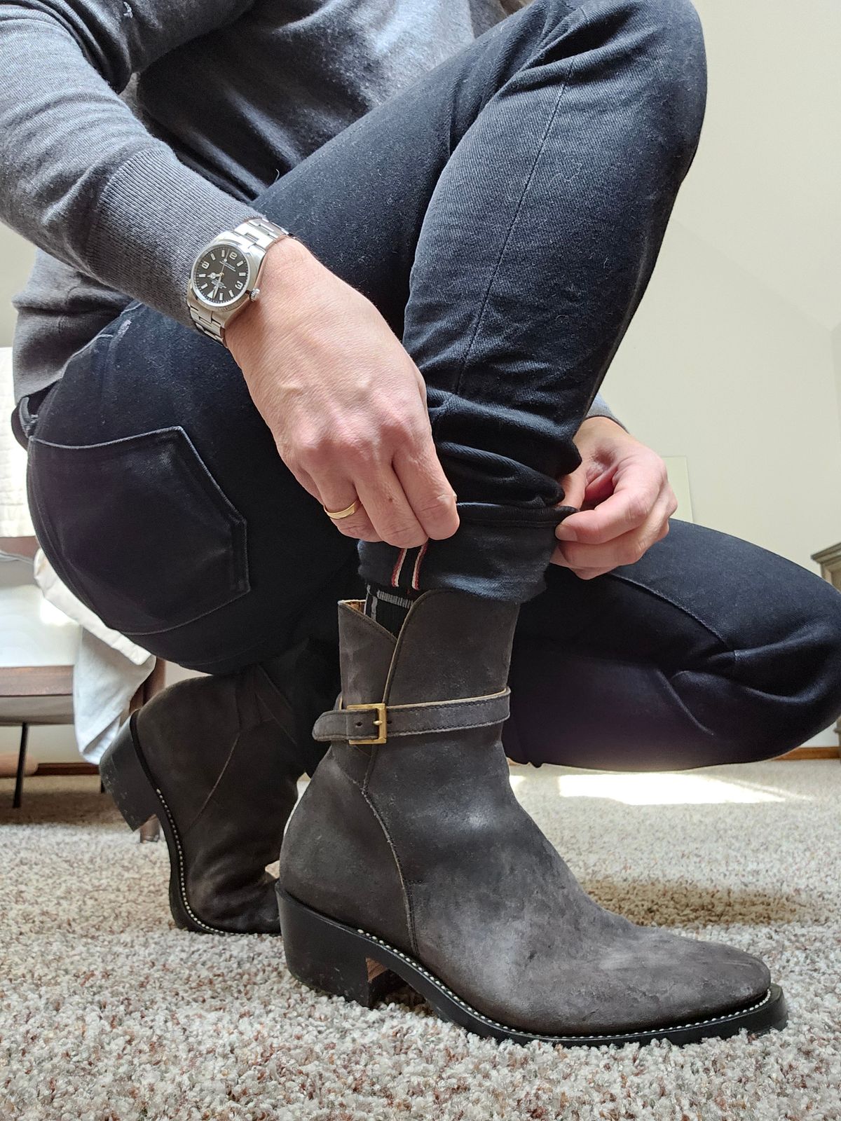 Photo by vintagekeys on December 24, 2025 of the Briselblack The Kai Jodhpur in Maryam Black Waxed Reverse Horsebutt.