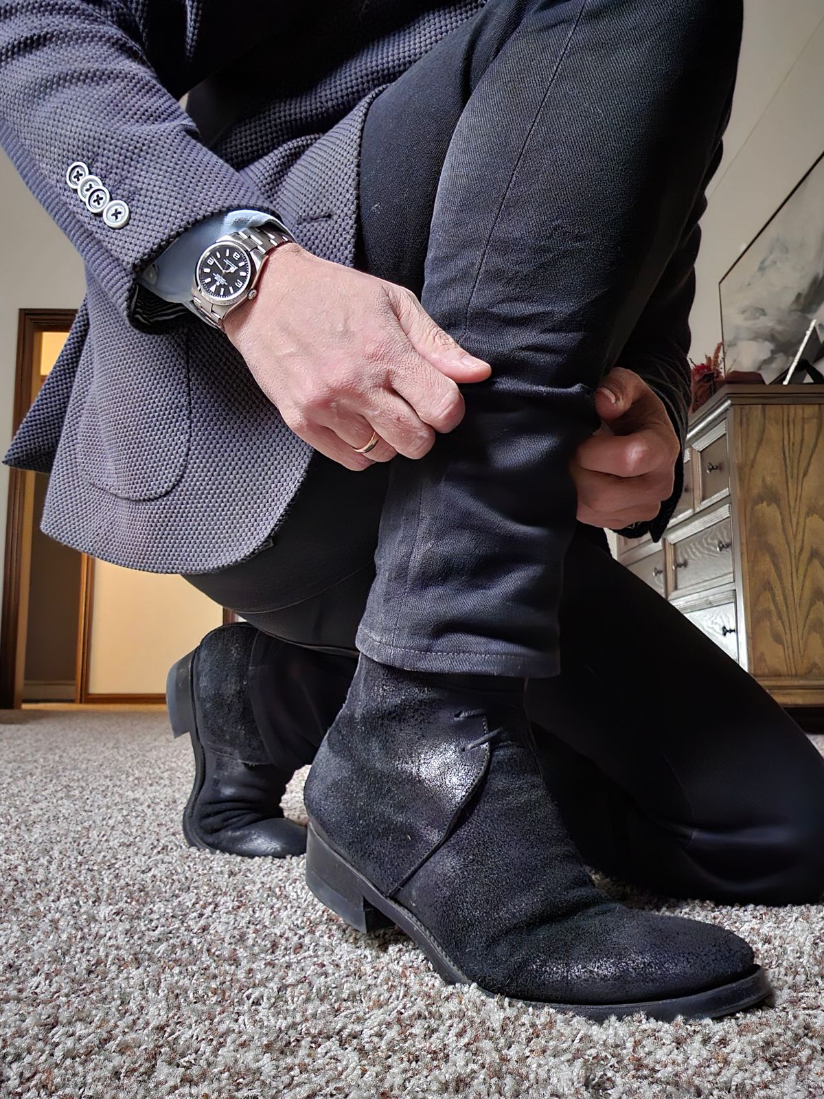 Photo by vintagekeys on December 24, 2025 of the Clinch George Boots in Uneven Horse Suede.