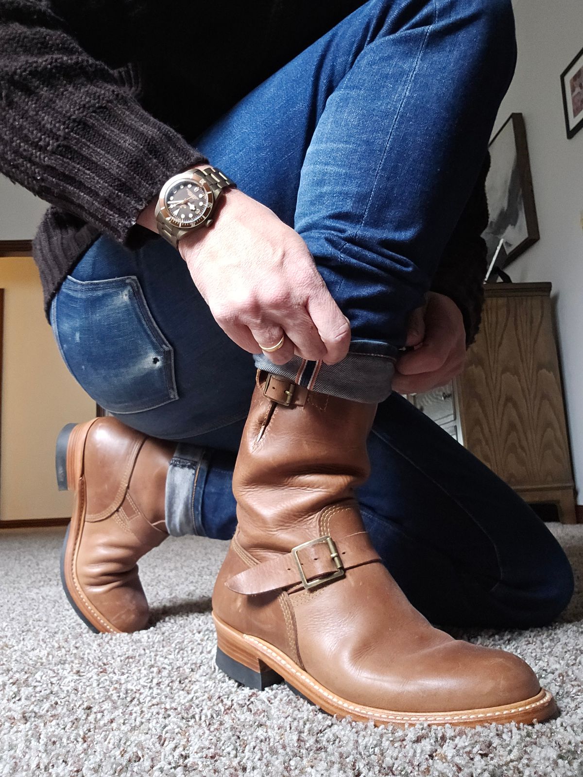 Photo by vintagekeys on December 23, 2025 of the John Lofgren Wabash Engineer Boots in Horween Natural Chromexcel Horsehide.