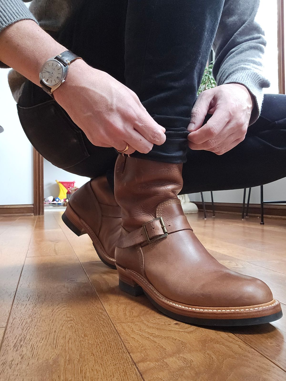 Photo by vintagekeys on December 31, 2025 of the John Lofgren Wabash Engineer Boots in Horween Natural Chromexcel Horsehide.