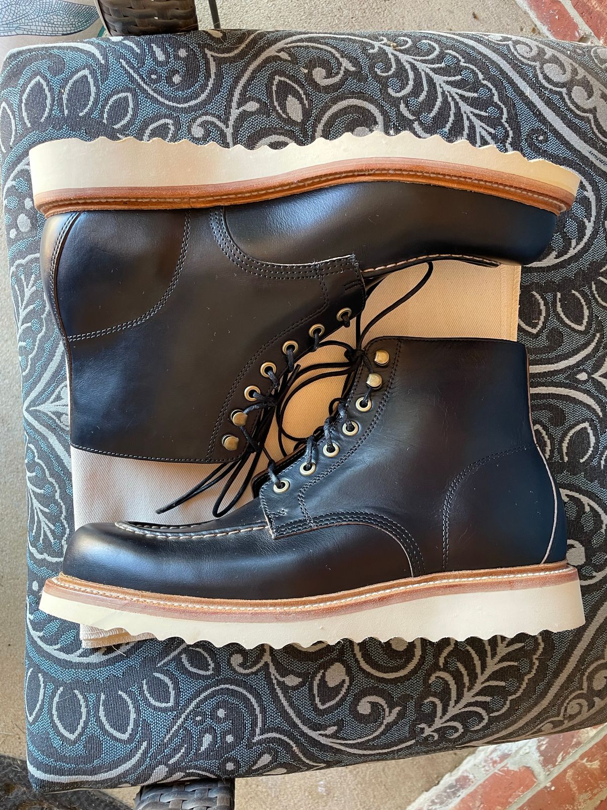 Photo by stheisen on October 1, 2022 of the Grant Stone Brass Boot in Horween Black Chromexcel.