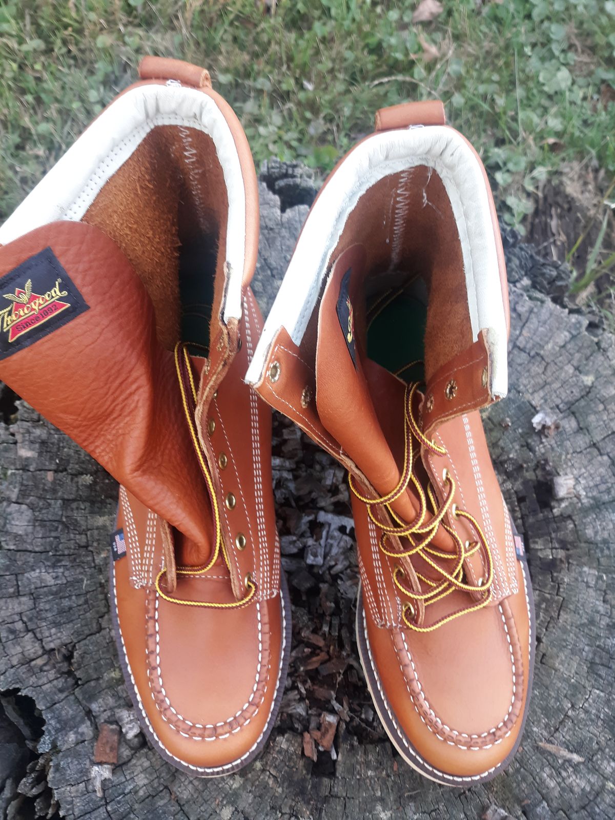 Photo by Skygoat on October 3, 2022 of the Thorogood 8" Moc Toe in Unknown Leather.