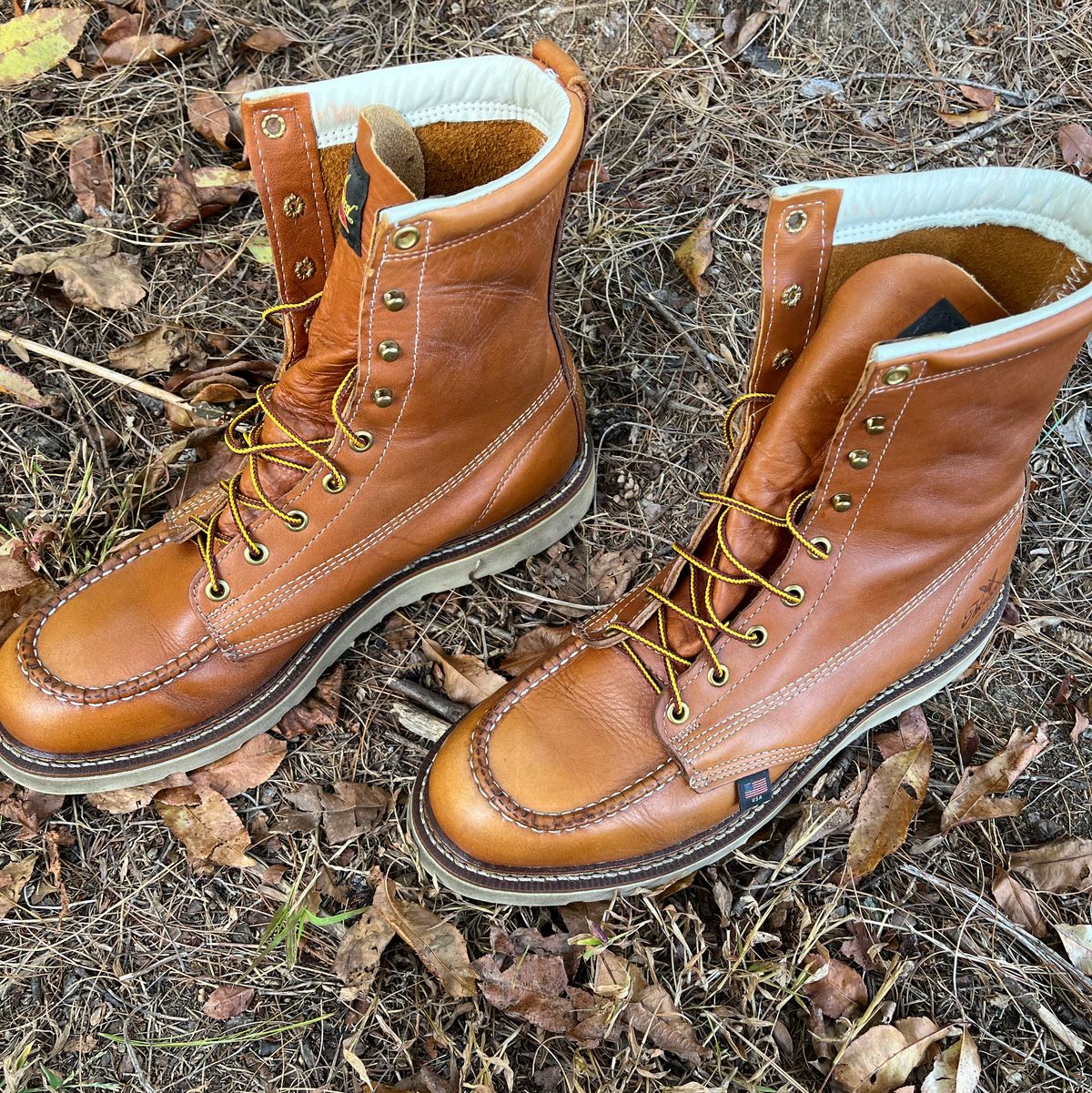 Photo by Skygoat on October 12, 2022 of the Thorogood 8" Moc Toe in Unknown Leather.