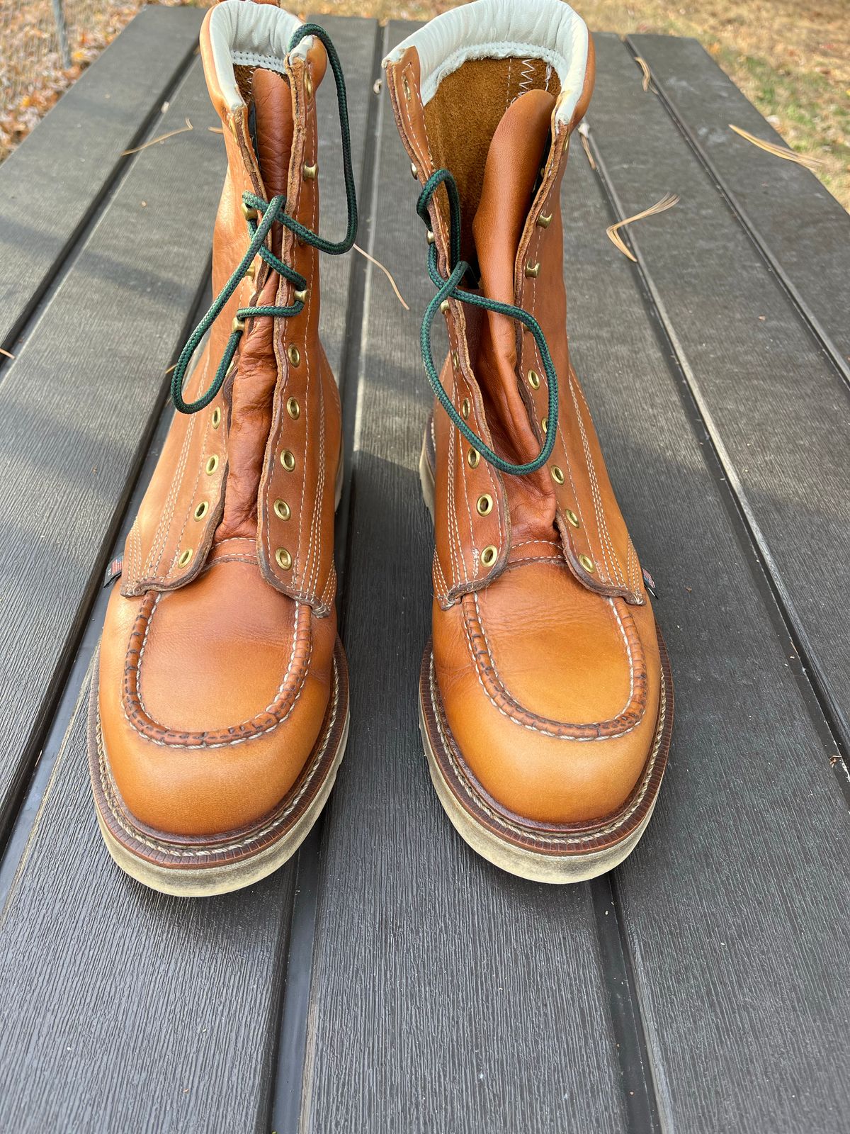 Photo by Skygoat on October 26, 2022 of the Thorogood 8" Moc Toe in Unknown Leather.