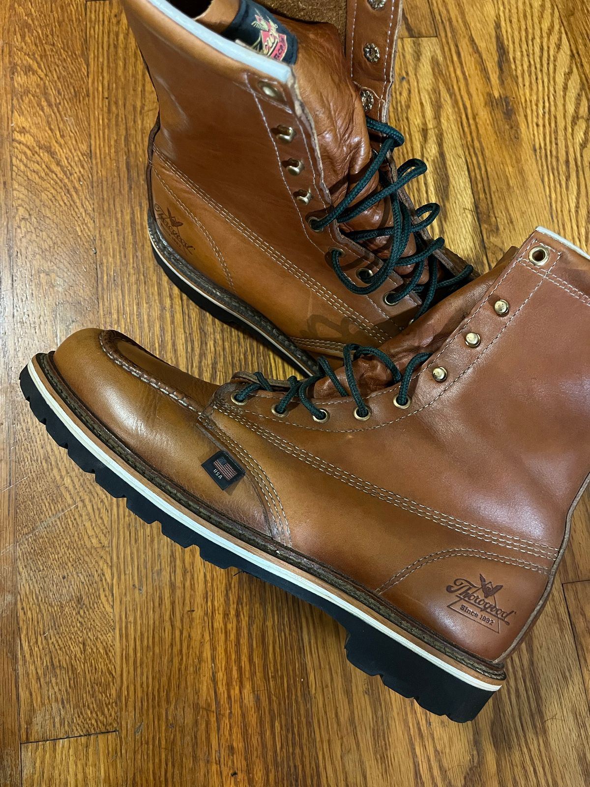 Photo by Skygoat on November 5, 2022 of the Thorogood 8" Moc Toe in Unknown Leather.