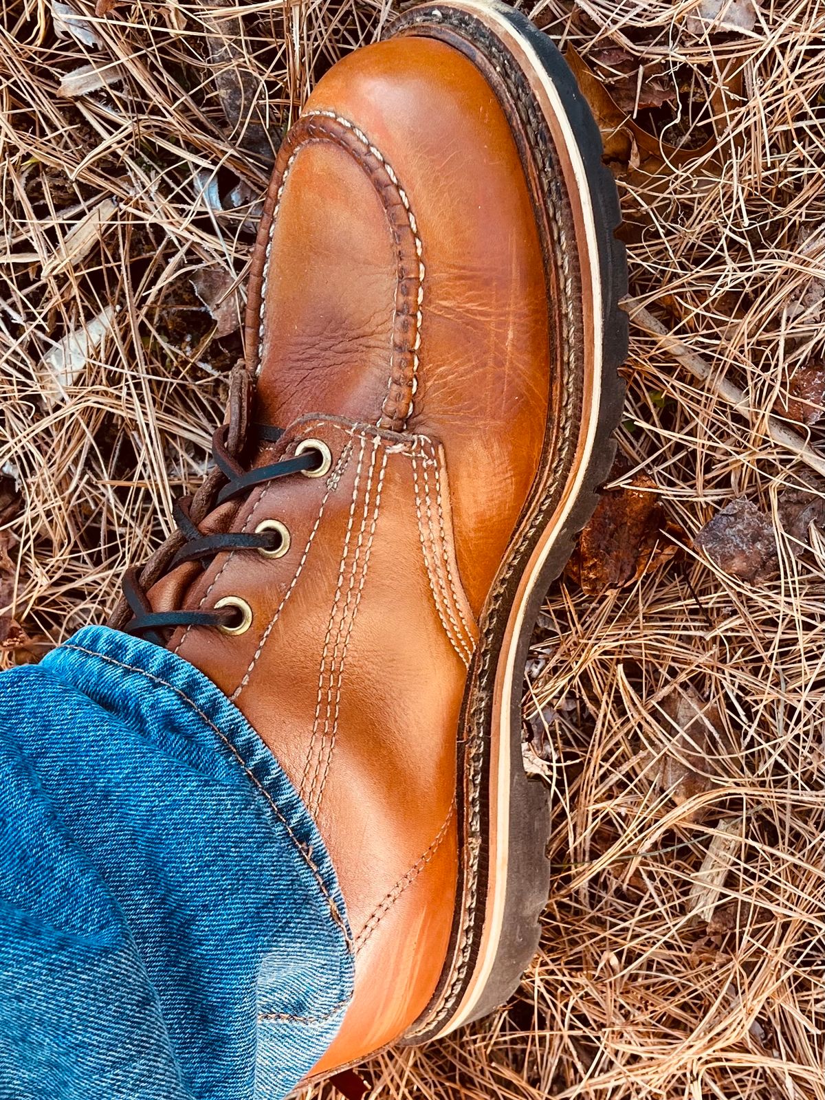 Photo by Skygoat on November 22, 2022 of the Thorogood 8" Moc Toe in Unknown Leather.