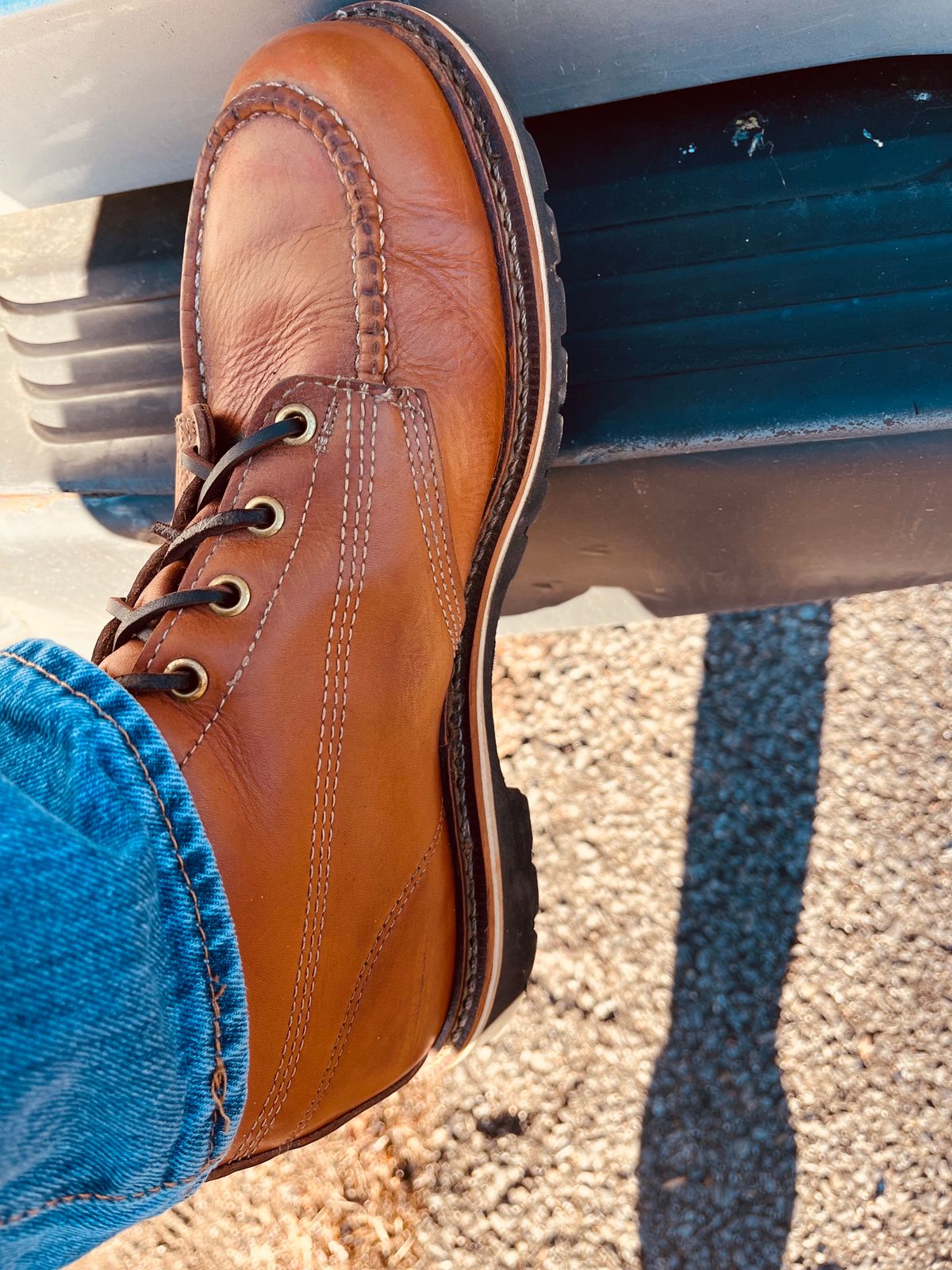 Photo by Skygoat on November 22, 2022 of the Thorogood 8" Moc Toe in Unknown Leather.