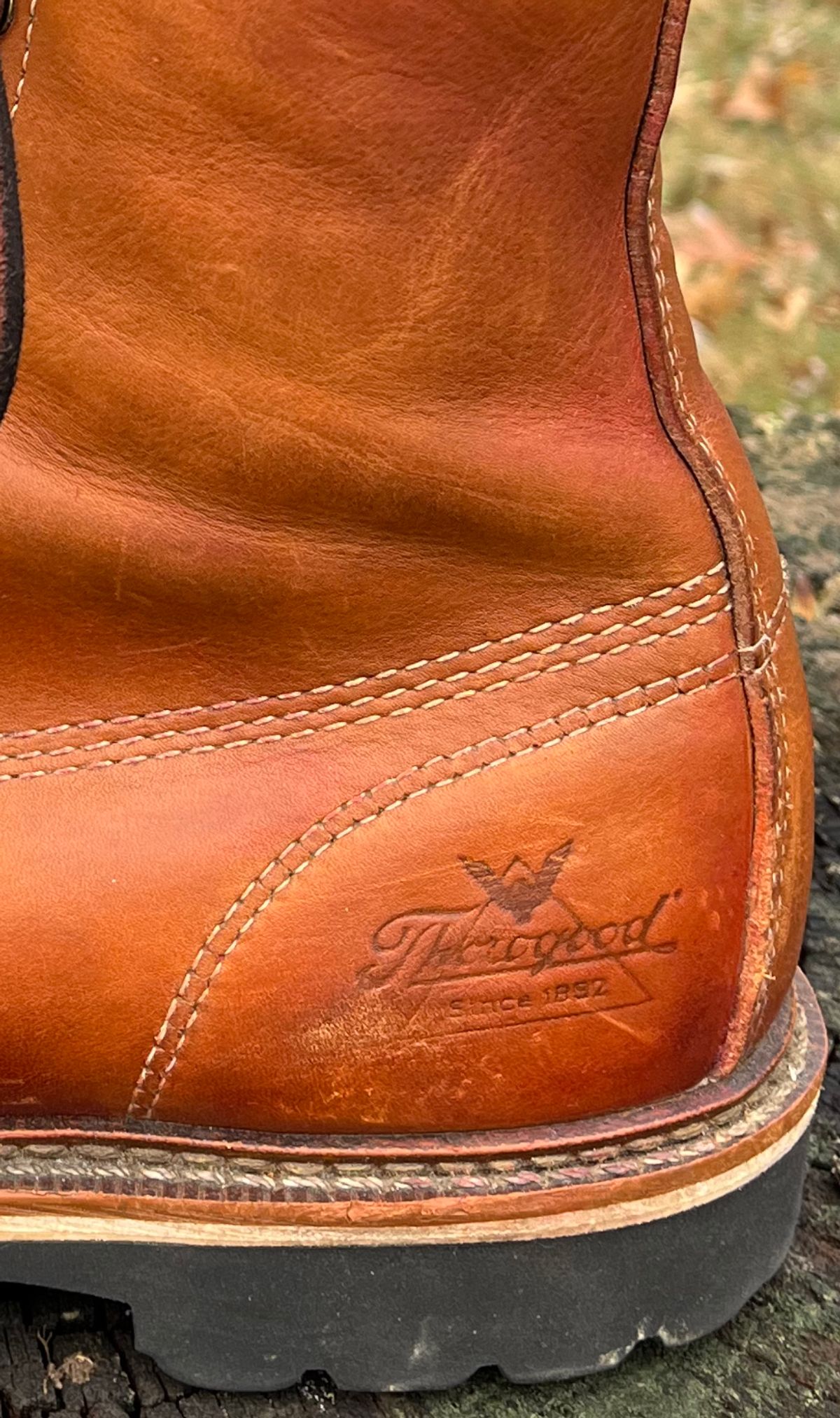 Photo by Skygoat on December 24, 2022 of the Thorogood 8" Moc Toe in Unknown Leather.