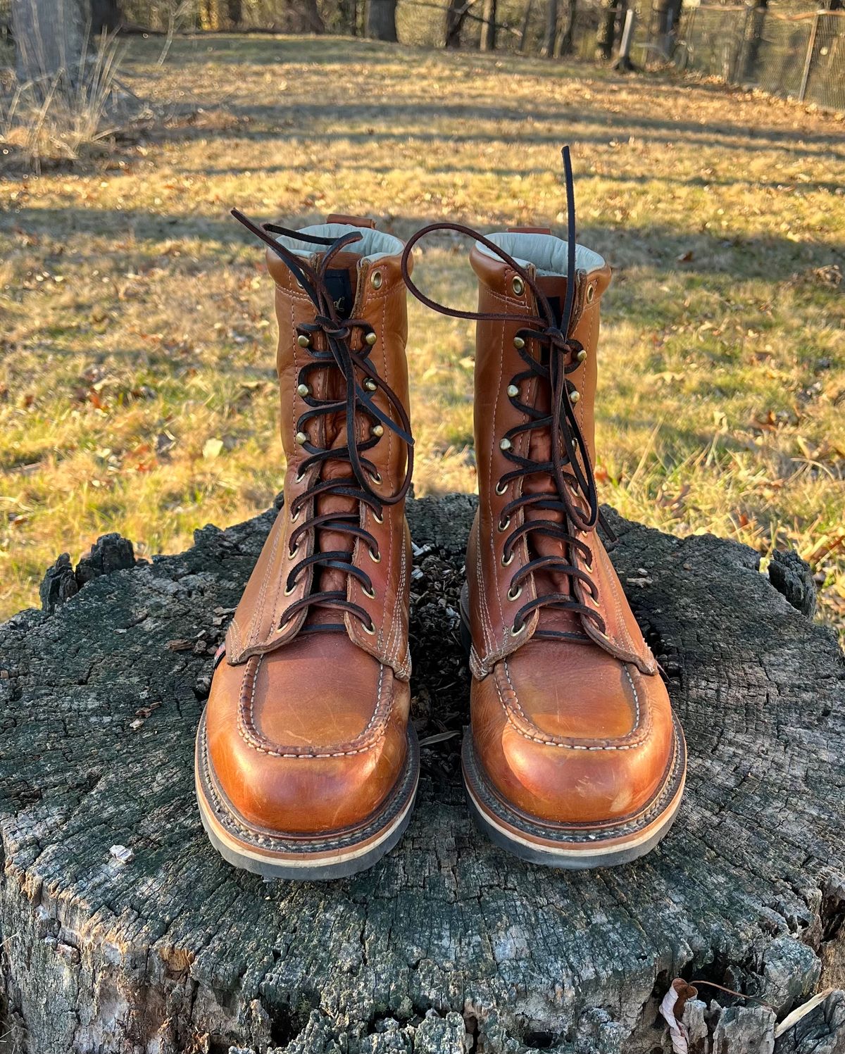 Photo by Skygoat on February 4, 2023 of the Thorogood 8" Moc Toe in Unknown Leather.