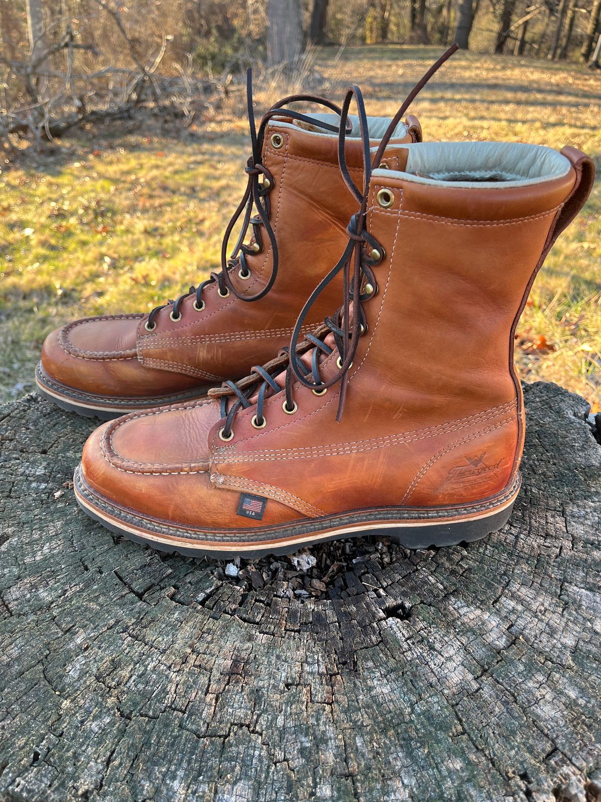 Photo by Skygoat on February 4, 2023 of the Thorogood 8" Moc Toe in Unknown Leather.