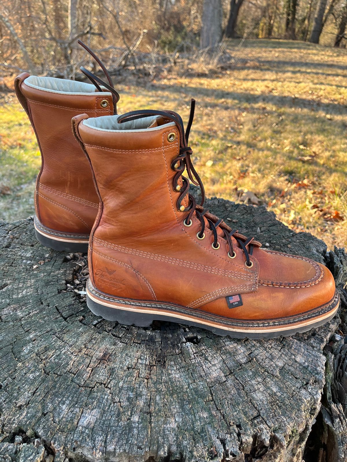 Photo by Skygoat on February 4, 2023 of the Thorogood 8" Moc Toe in Unknown Leather.
